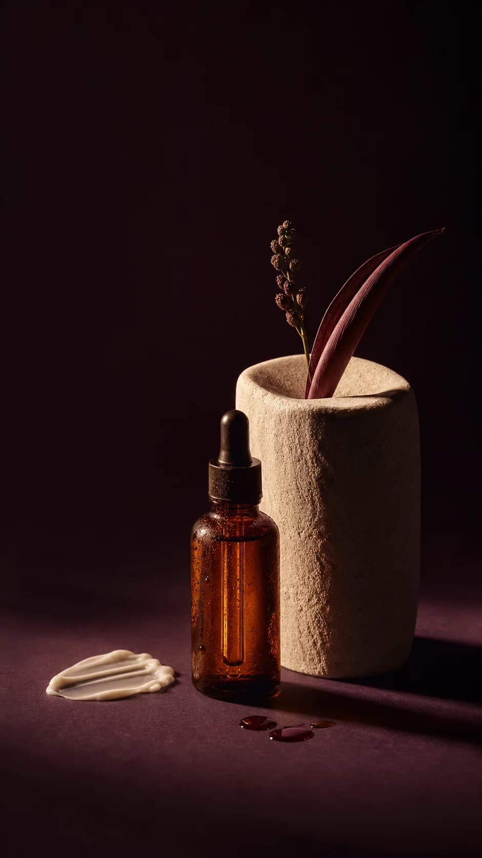 Concept still life of an amber skincare bottle on a stone pedestal